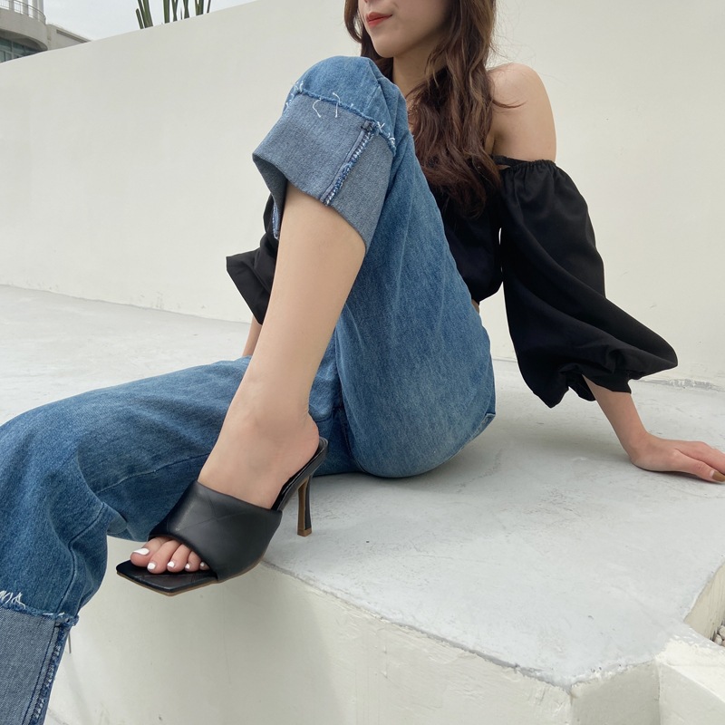 Diamond Stiletto Soft Leather Square Sandals And Slippers