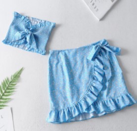 Printed Lace-up Tube Top Ruffle Skirt Suit