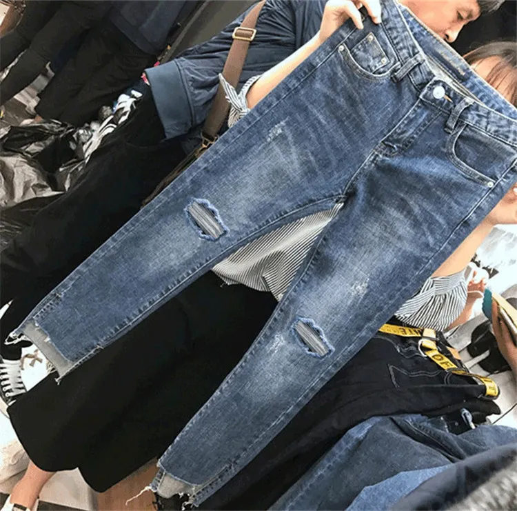 Korean Version Of Plus Size Jeans Women'S Plus Size Mm High Waist Stretch Slimming Straight-Leg Pants Nine-Point Pants - Blue