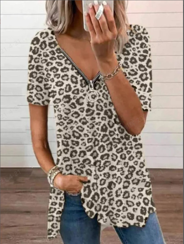 Fashion Slim Pullover Leopard Print V Neck Short Sleeved Blouse Women Beige - Shop at LoveMi