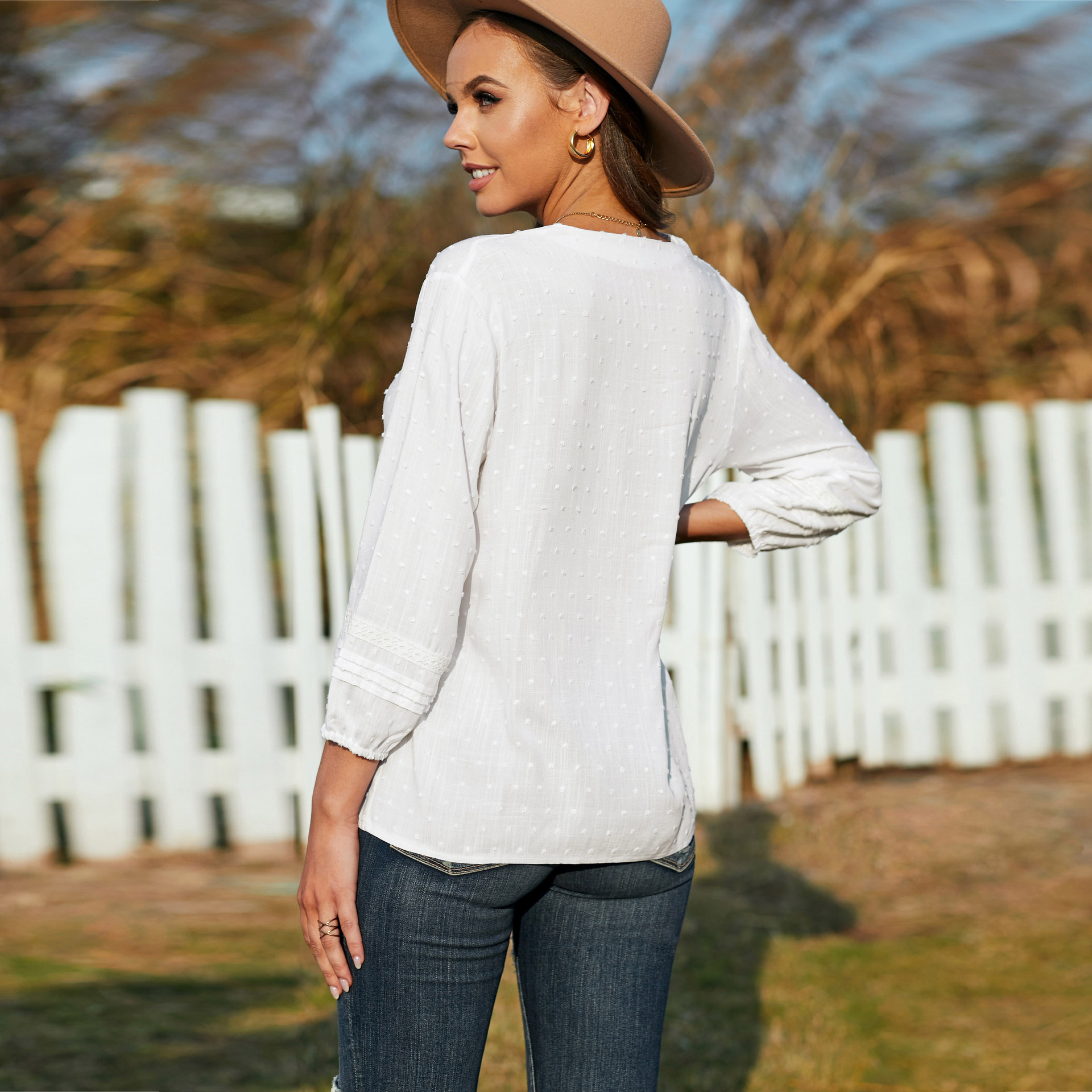 Women's Shirt Summer New Lace Hollow V-Neck Polka Dot Ladies Shirt