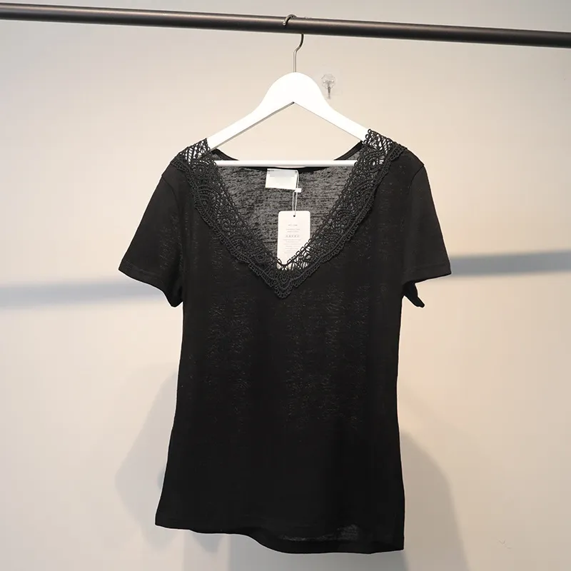 Jastie Short Sleeve T-shirt Embroidery Lace V Neck Tees - Black