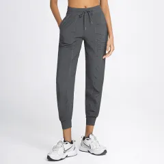 Drawstring Running Fitness Solid Color Pocket Casual Yoga Pants - Grey - View 1