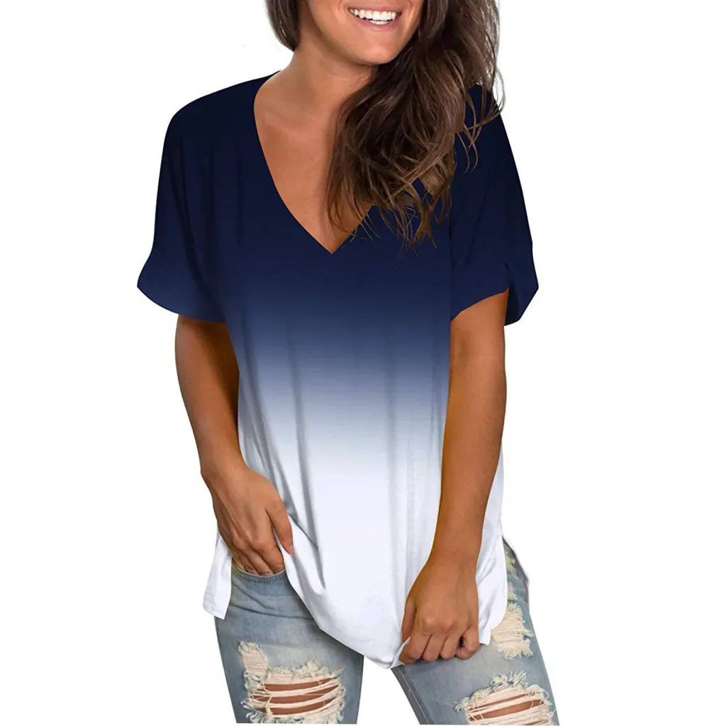 Printed Gradient V-neck Loose Short Sleeves - Navy Blue