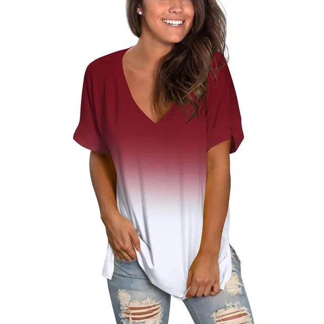 Printed Gradient V neck Loose Short Sleeves Wine Red - Shop at LoveMi
