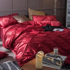 European Style Gorgeous Nature Color Imitated Silk Fabrics Satin Sheets Bed Set - Red - View 1