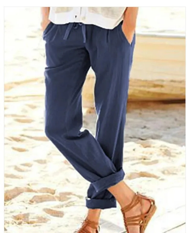 Women's Solid Color Cotton And Linen Drawstring Loose Casual Wide Leg Pants Blue - Shop at LoveMi