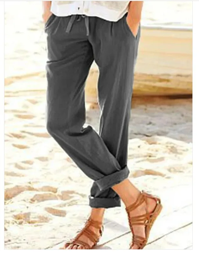 Women's Solid Color Cotton And Linen Drawstring Loose Casual Wide Leg Pants Grey - Shop at LoveMi