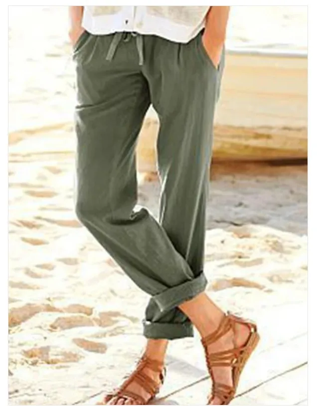 Women's Solid Color Cotton And Linen Drawstring Loose Casual Wide Leg Pants Green - Shop at LoveMi