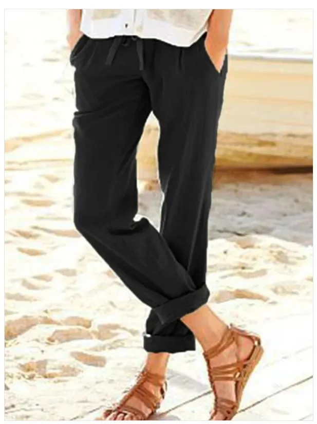 Women's Solid Color Cotton And Linen Drawstring Loose Casual Wide Leg Pants Black - Shop at LoveMi