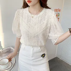 French Hollowed-out Lace Top In Pure Colour With Short Sleeves - Beige - View 1