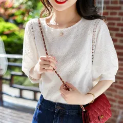 Loose Lace Blouse With Water-soluble Embroidered Lantern Sleeves - White - View 1