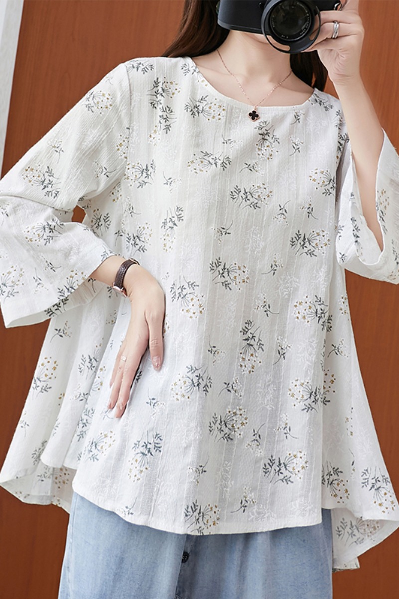 Literary Large Size Loose And Thin Cotton And Linen Small  Three-quarter Sleeve T-shirt Women's Top