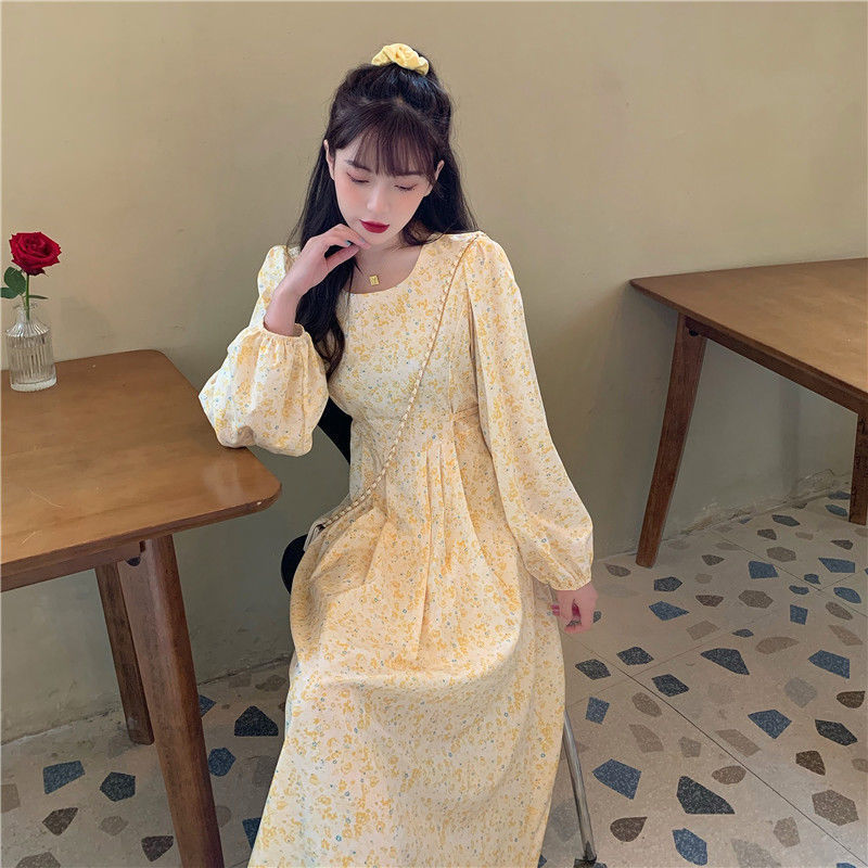 Gentle Wind Light Yellow Floral Mid-length Long-sleeved Dress With Waist And Slimming