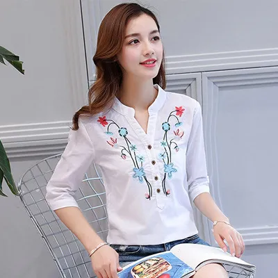 A Linen Embroidered V neck Shirt With Seven Quarter Sleeves White - Shop at LoveMi