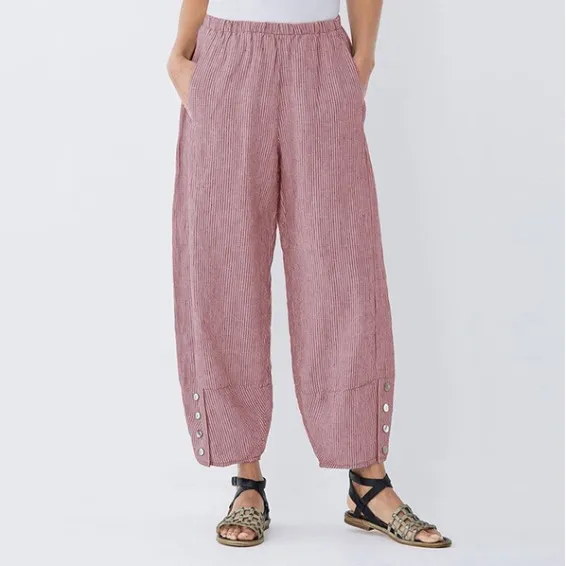 New Pinstripe Button Pocket Elastic Waist Casual Pants Pink - Shop at LoveMi