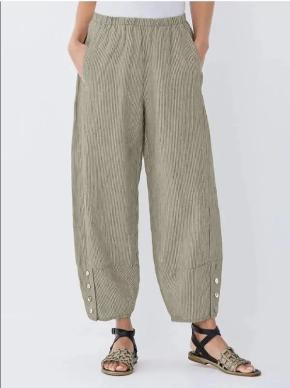 New Pinstripe Button Pocket Elastic Waist Casual Pants Khaki - Shop at LoveMi