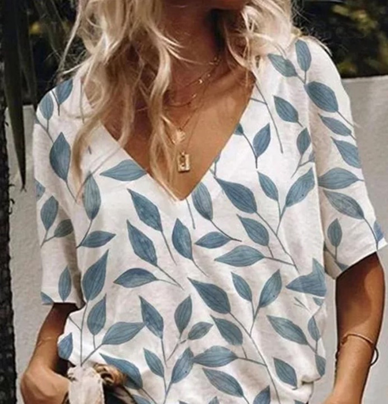 Leaf Print Casual Loose V-neck Short Sleeves