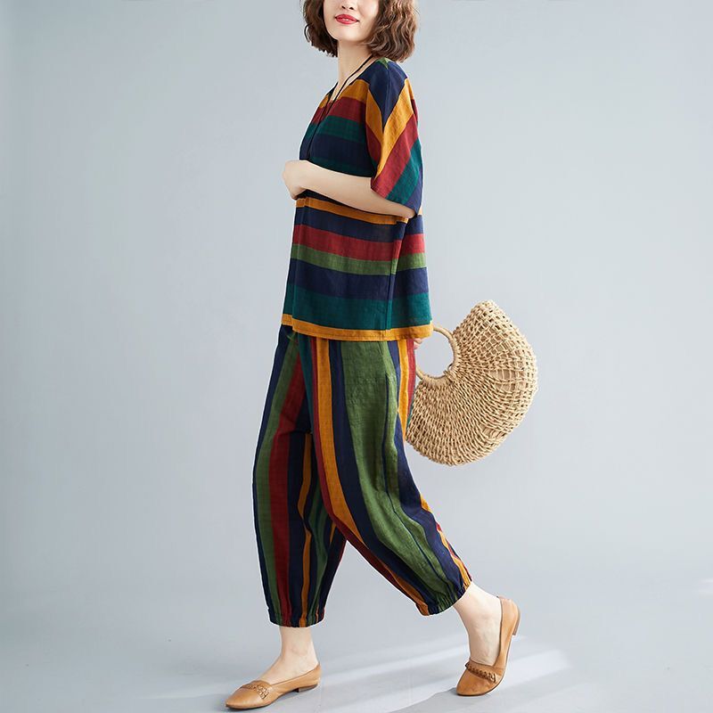 Retro Striped Short Sleeve Casual Two-piece Suit