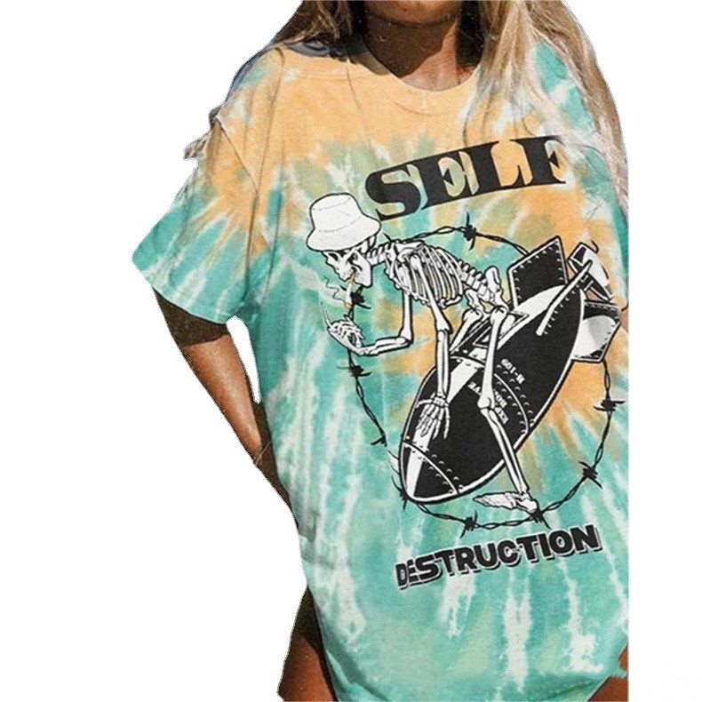 New Skull Letter Print Women's Mid-Length Short-Sleeved T-Shirt