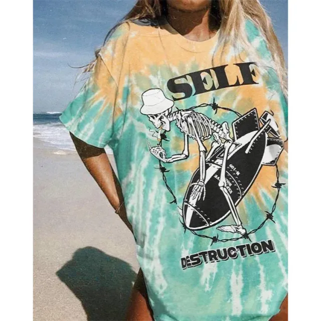 New Skull Letter Print Women's Mid Length Short Sleeved T Shirt Photo Color - Shop at LoveMi