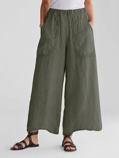 Women's Cotton Linen Trousers Wide Leg Pants Mid Waist Casual Pants Army Green - Shop at LoveMi