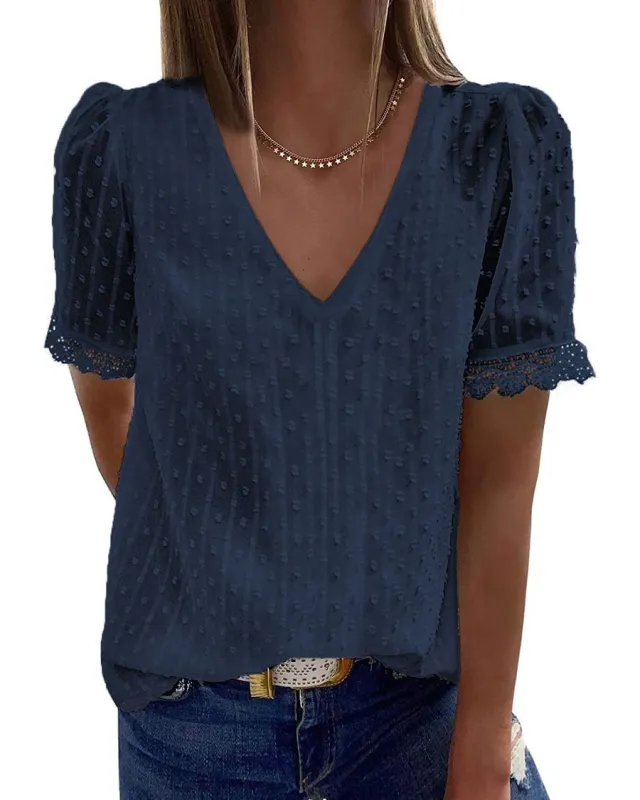 Pure Color Simple Chiffon Shirt Deep V Neck Short Sleeved T Shirt Navy - Shop at LoveMi