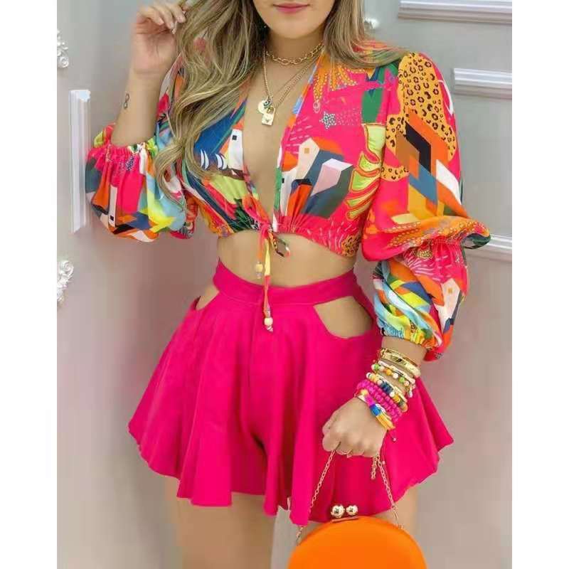 Women's Bowknot Printed Long Sleeve Sexy Suit