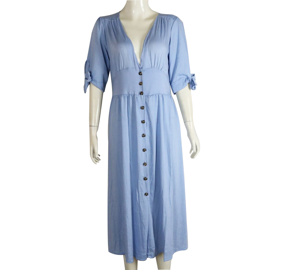 New Blue V-neck Mid-sleeve Big Swing Dress