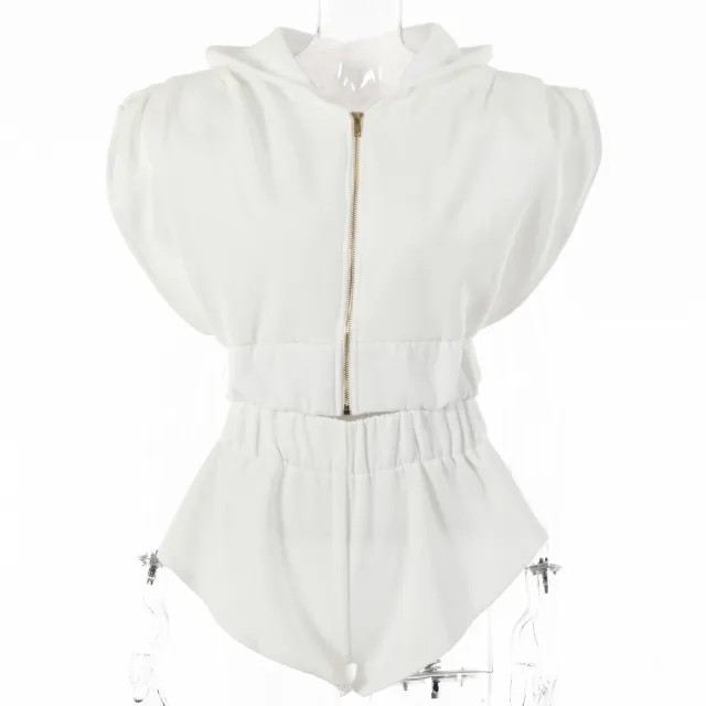 Loose Bat Sleeve Shoulder Pad Hoodie Sports Shorts Set White - Shop at LoveMi