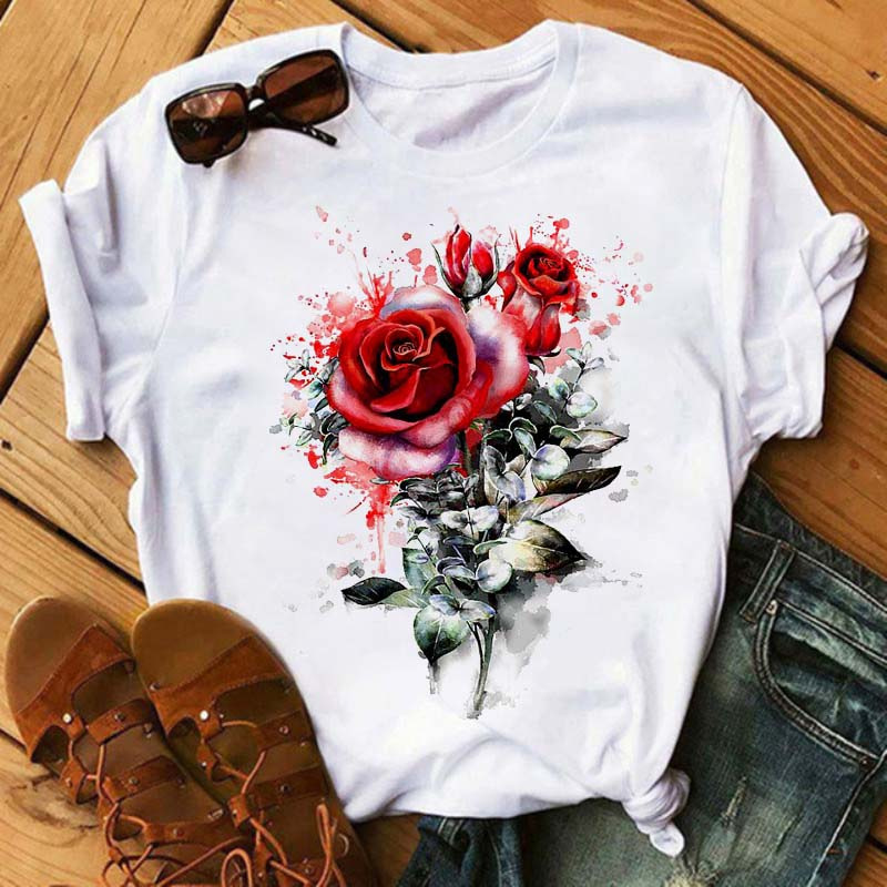 Floral Pattern Printed Loose Summer Casual Ladies T shirt J - Shop at LoveMi