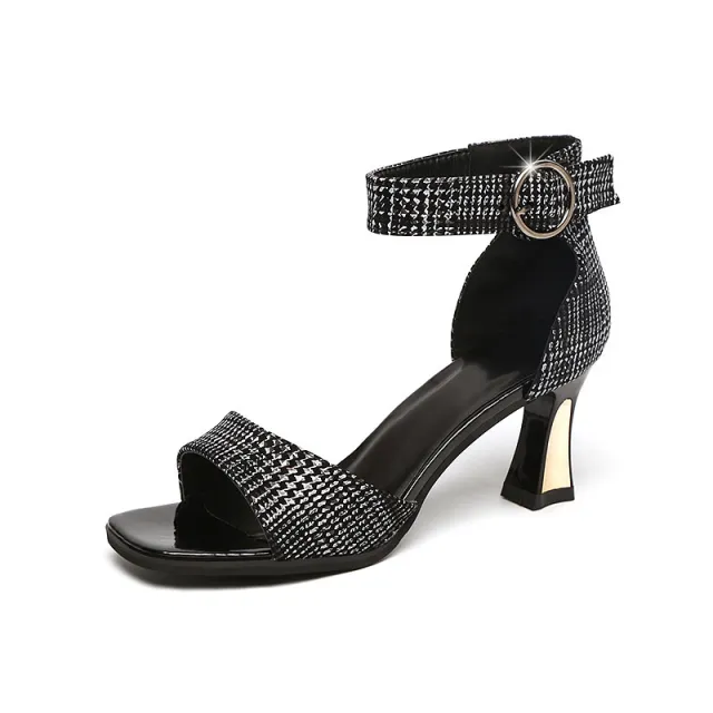 One Word Heel High Heels Square Toe Toe Thick Heel Toe Mid top Roman Women's Shoes Black - Shop at LoveMi