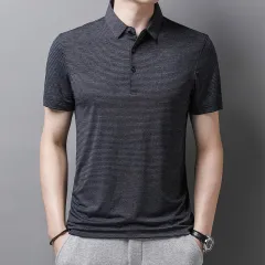 Chu Casual Lapel T-shirt Golf Sport Striped Top - Grey - View 1