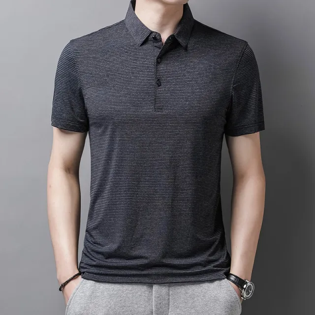 Chu Casual Lapel T shirt Golf Sport Striped Top Grey - Shop at LoveMi