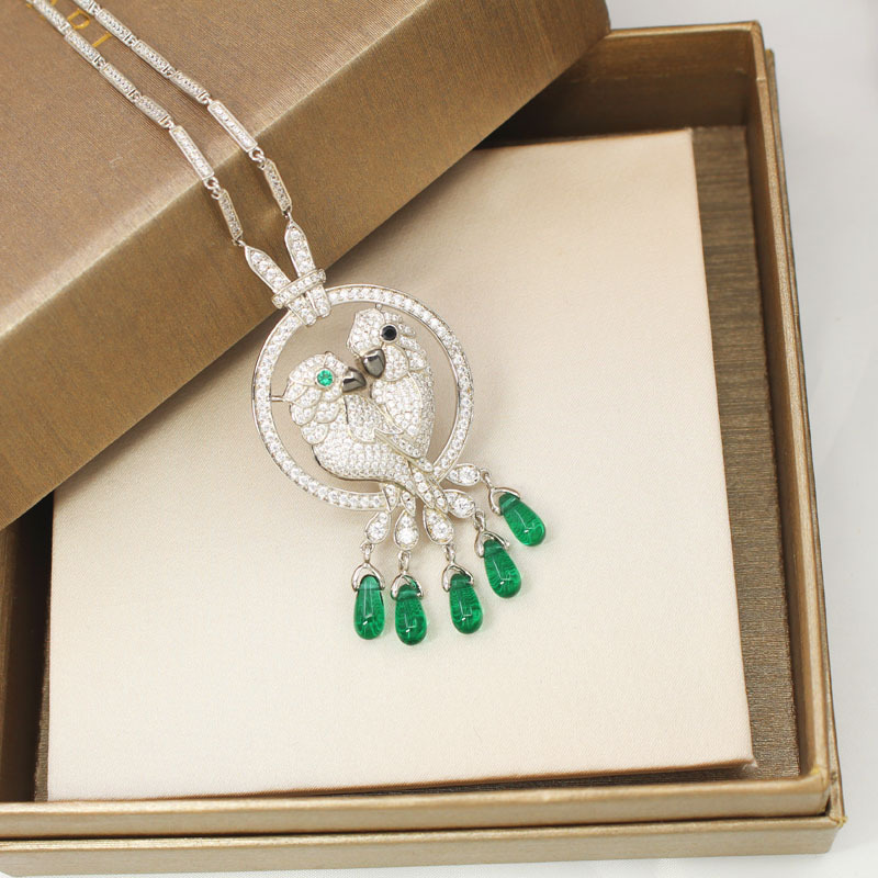 Double Parrot Necklace Chalcedony Acacia Pendant Necklace