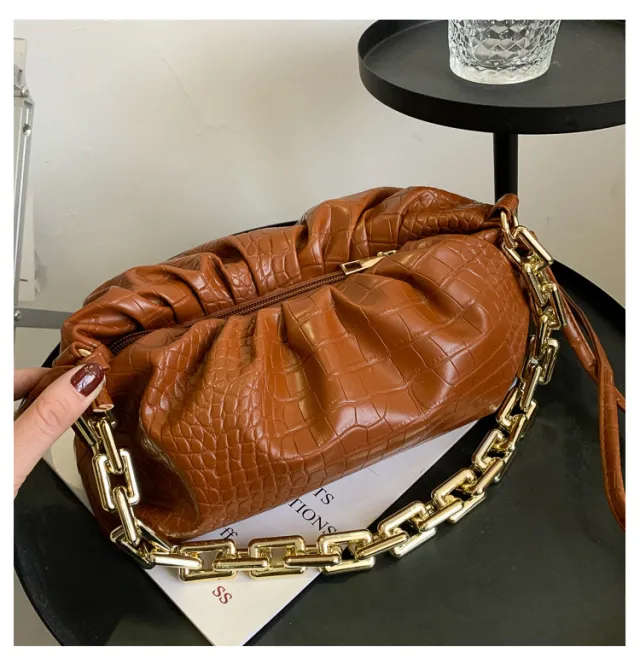 Folding One shoulder Thickened Chain Messenger Handbag Brown - Shop at LoveMi