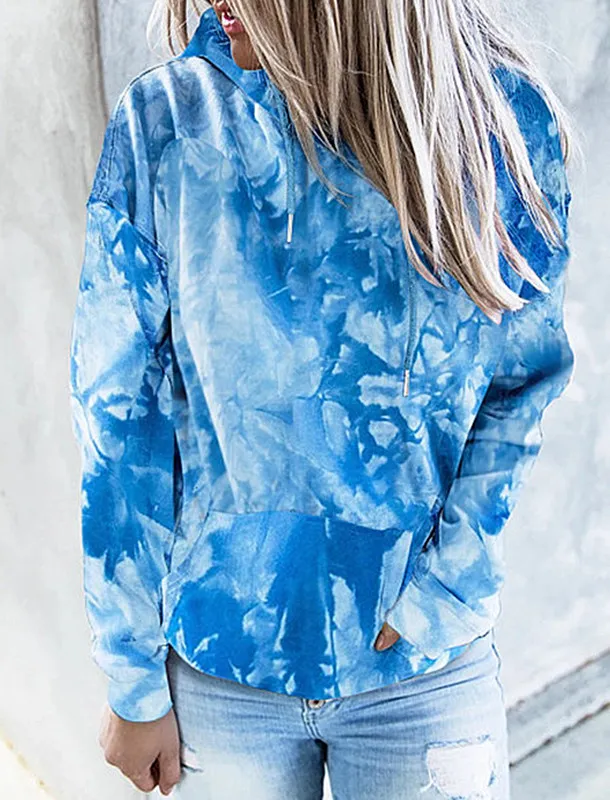 Tie dye Printed Hooded Sweatshirt Long sleeved Plus Size Top Women Blue - Shop at LoveMi