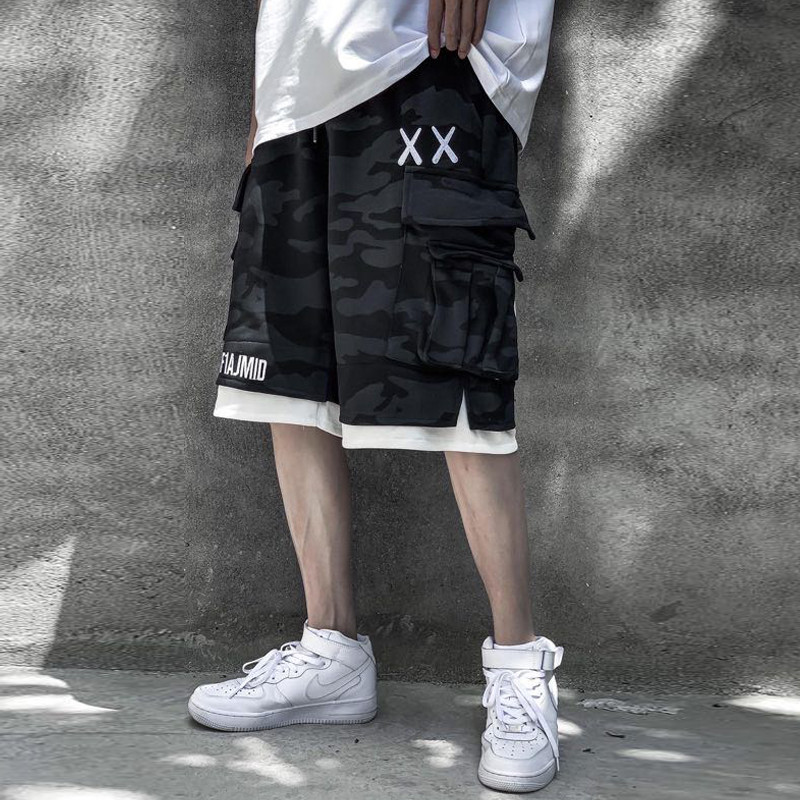 Personality Camouflage Fake Two-piece Overalls Shorts Hip-hop Sports Casual Pants