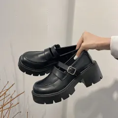Thick-soled Mary Jane Small Leather Shoes Women's Autumn - Black - View 1