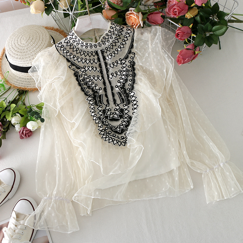 Stand-up Collar Ruffled Embroidered Hollow Mesh Shirt