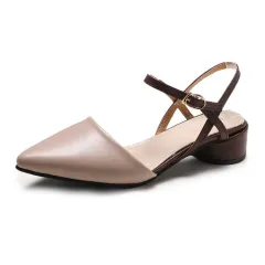 New Spring And Summer New Style Pointed Toe Baotou Word Belt Mid-heel Chunky Heel Shoes - Apricot - View 1