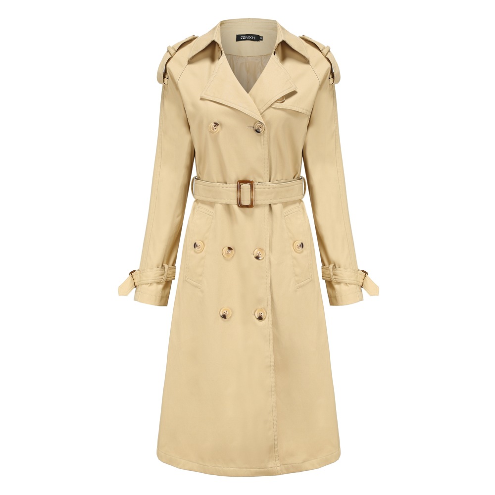 Women's Windbreaker Long Waist Cotton Jacket Long Sleeve Lapel Khaki - Shop at LoveMi