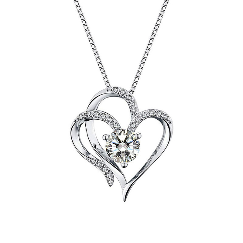 White Gold Double Heart Pendant Necklace Clavicle Pendant Diamond Heart Necklace
