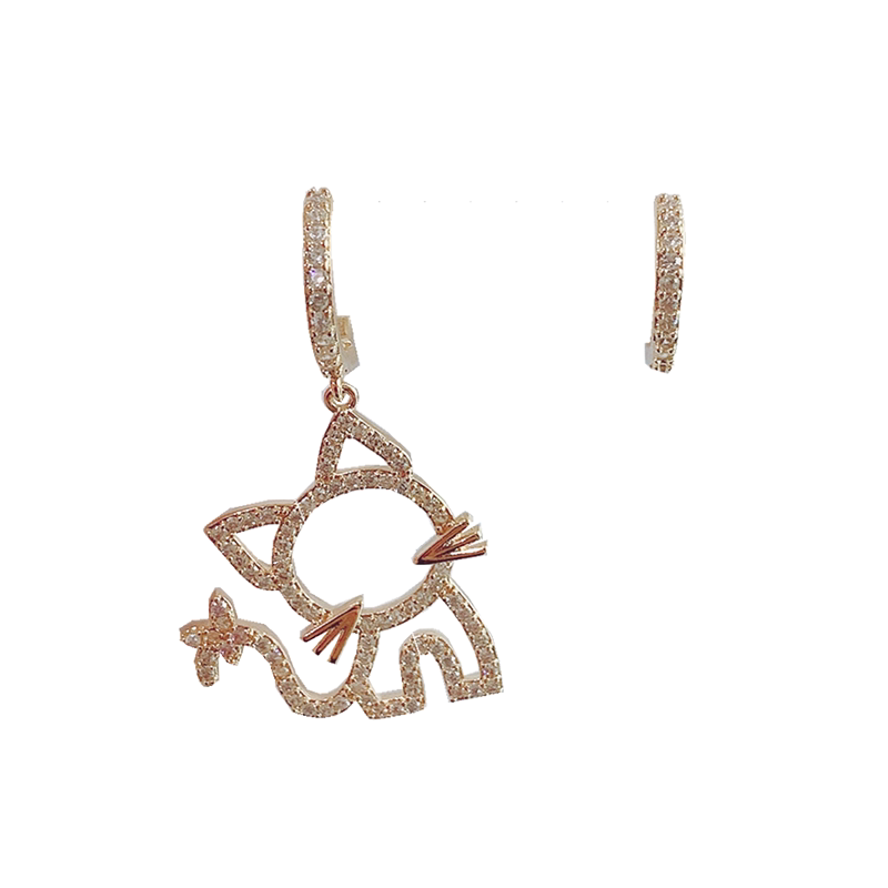 Korean Sweet Asymmetrical Cartoon Cat Diamond Earrings