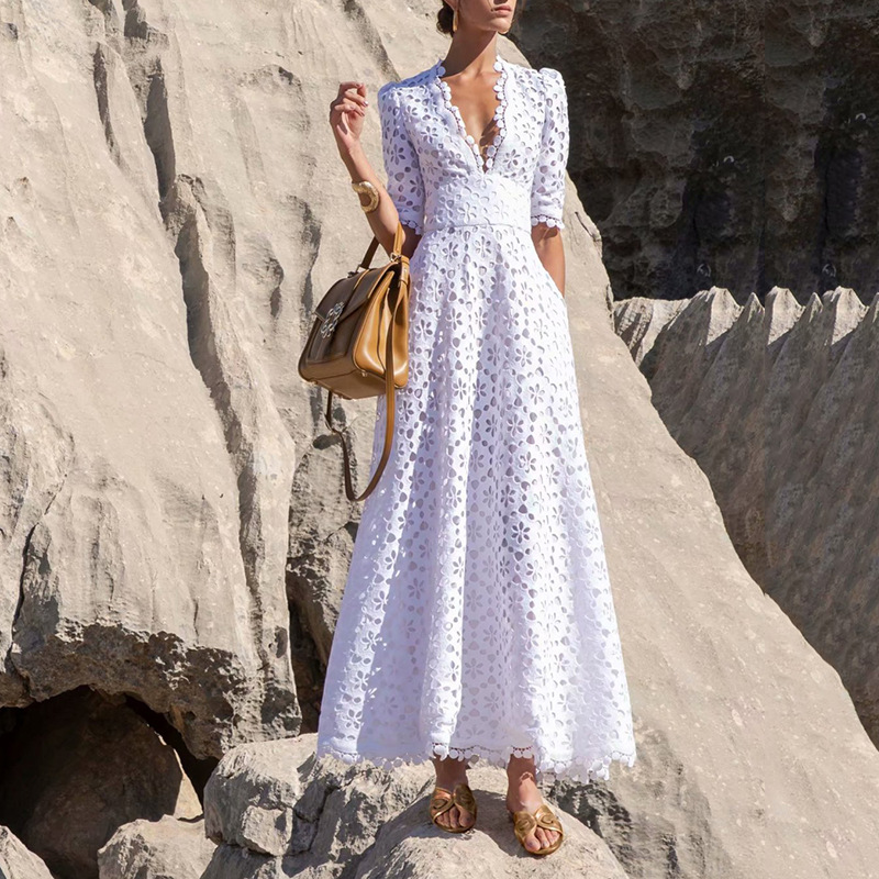 Hollow Flower V-Neck Long Dress, picture 3 of 5