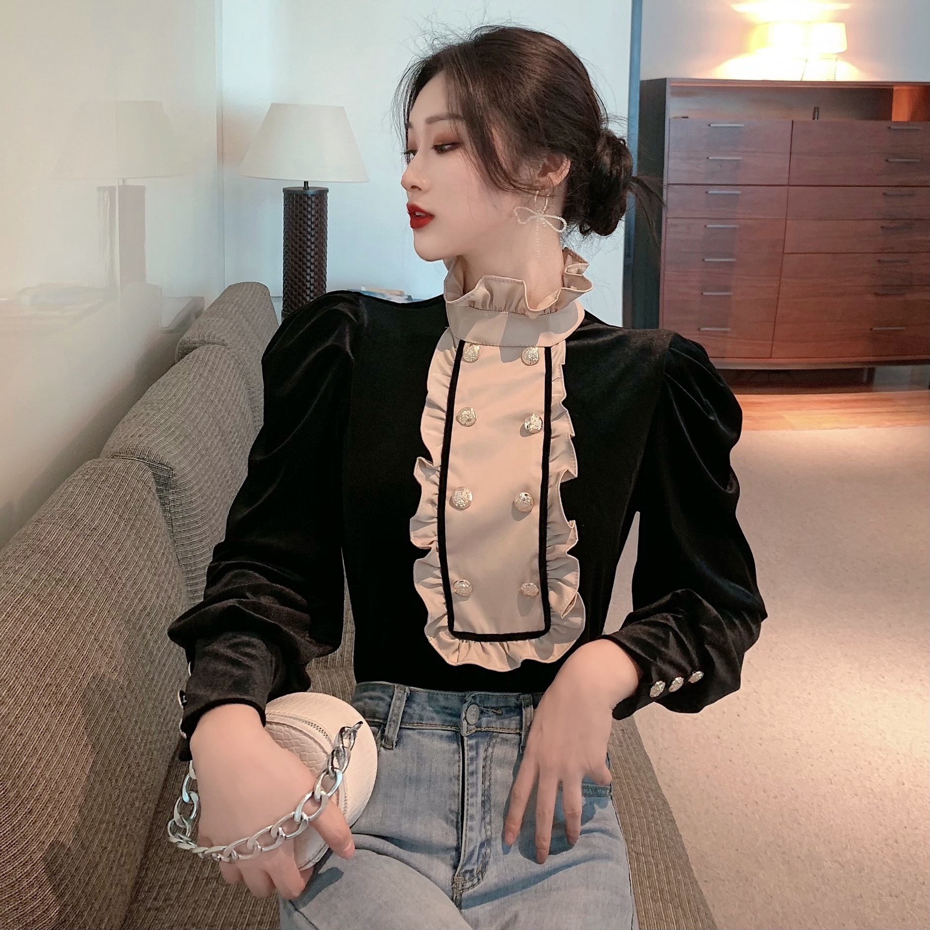 Puff Sleeves, Wooden Ears, And Stand-up Collar Double-breasted Gold Velvet Blouse Women