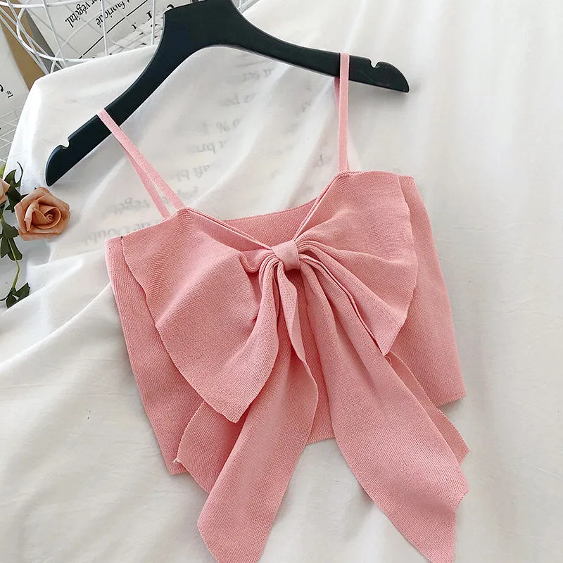 Camisole Women's Bowknot Women's Outer Wear Short Slim Slimming Knit Top - Pink