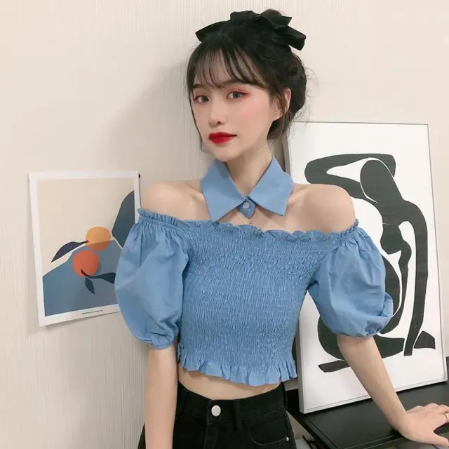 One shoulder Short Puff Sleeve Shirt Blue - Shop at LoveMi