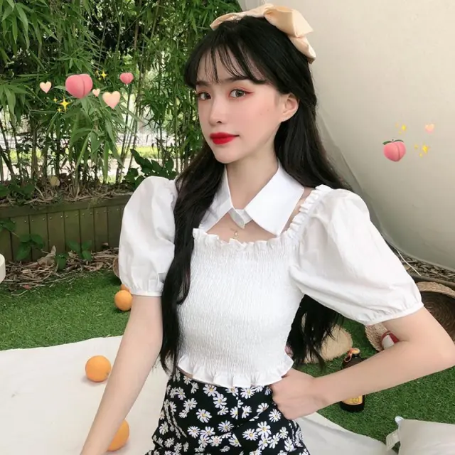 One shoulder Short Puff Sleeve Shirt White - Shop at LoveMi