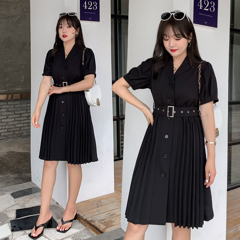 Large Women's Summer New Fat Sister Suit Collar Pleated Small Size Dress